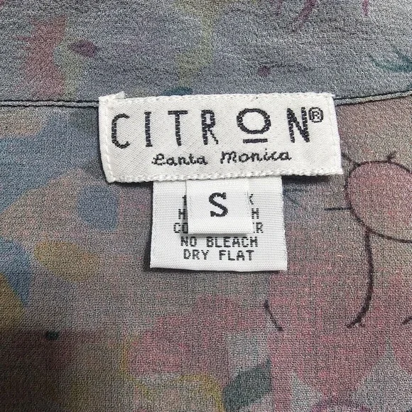 Citron Santa Monica Silk‎ Floral Button-Up Blouse S Sheer Asian Flowy Side Slit - Picture 5 of 10